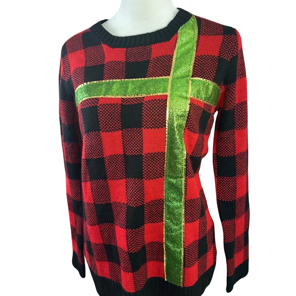 Joyland Women's Red Black Buffalo Plaid Ugly Christmas Sweater Gift Wrap M